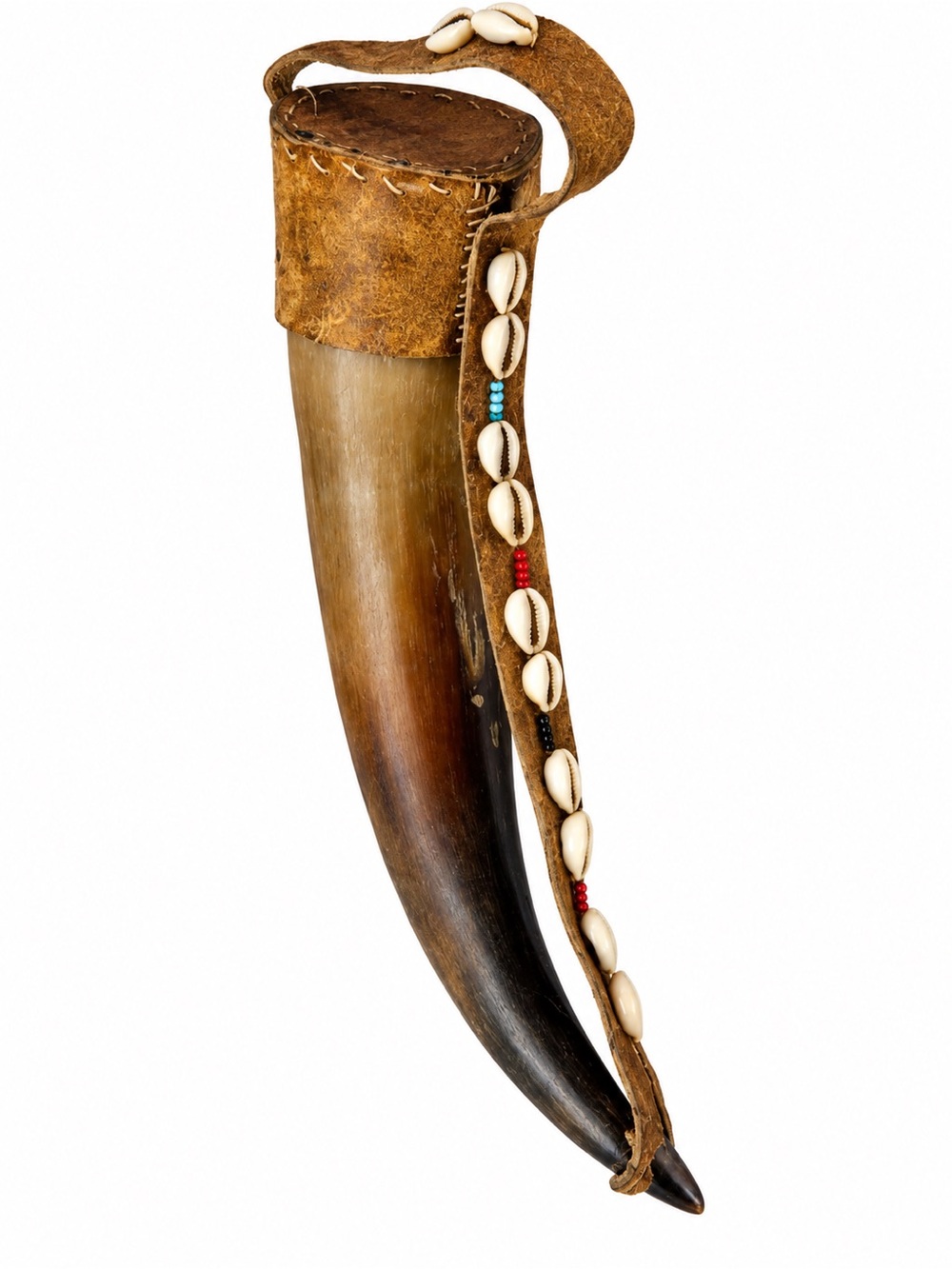 Vintage Cow Horn Vessel w/ Cowrie Shells Leather Beaded Strap Tribal Folk Art